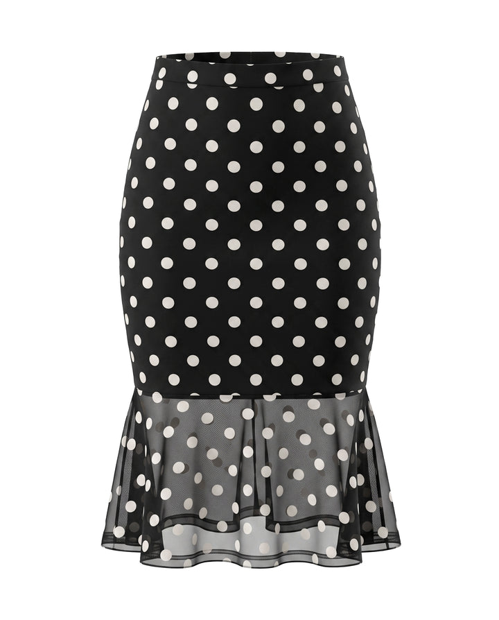 SOLACECasual Polka Dot Sheer Mesh Ruffle Hem Midi Skirt