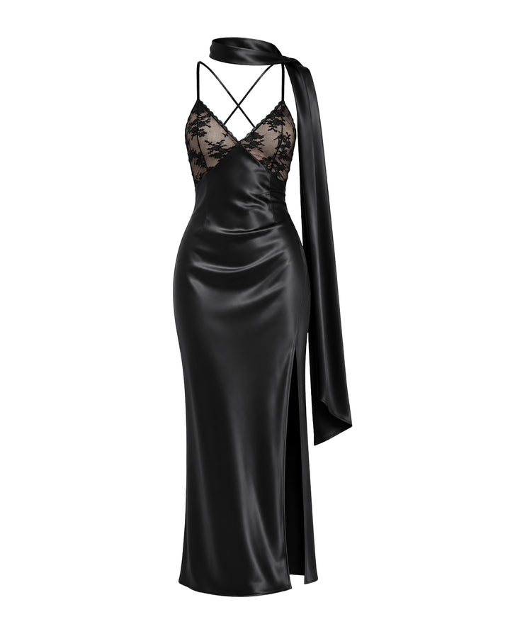 Black Lace Straps Neck Satin Maxi Dress