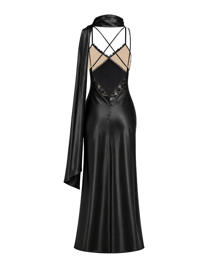 Black Lace Straps Neck Satin Maxi Dress