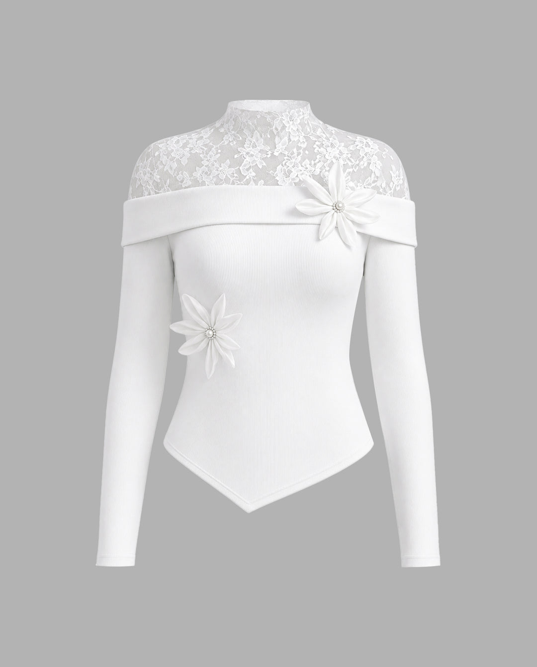 Lace Ribbed Long Sleeve Tee With 3D Floral Decorations