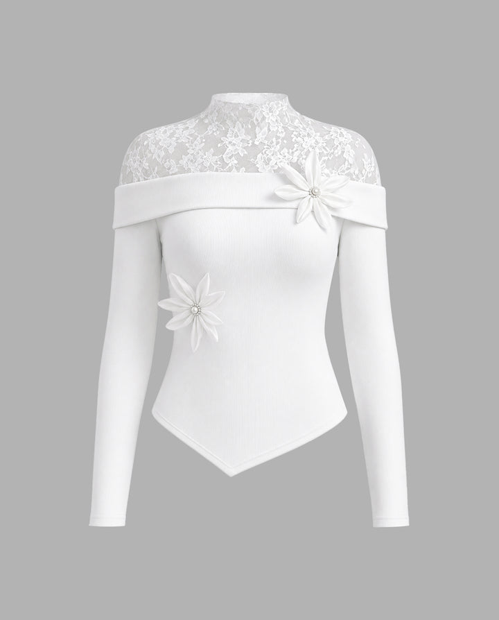 Lace Ribbed Long Sleeve Tee With 3D Floral Decorations