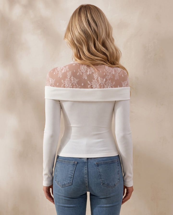 Lace Ribbed Long Sleeve Tee With 3D Floral Decorations