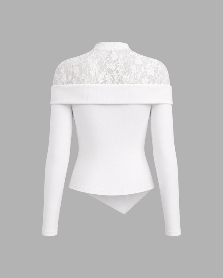 Lace Ribbed Long Sleeve Tee With 3D Floral Decorations