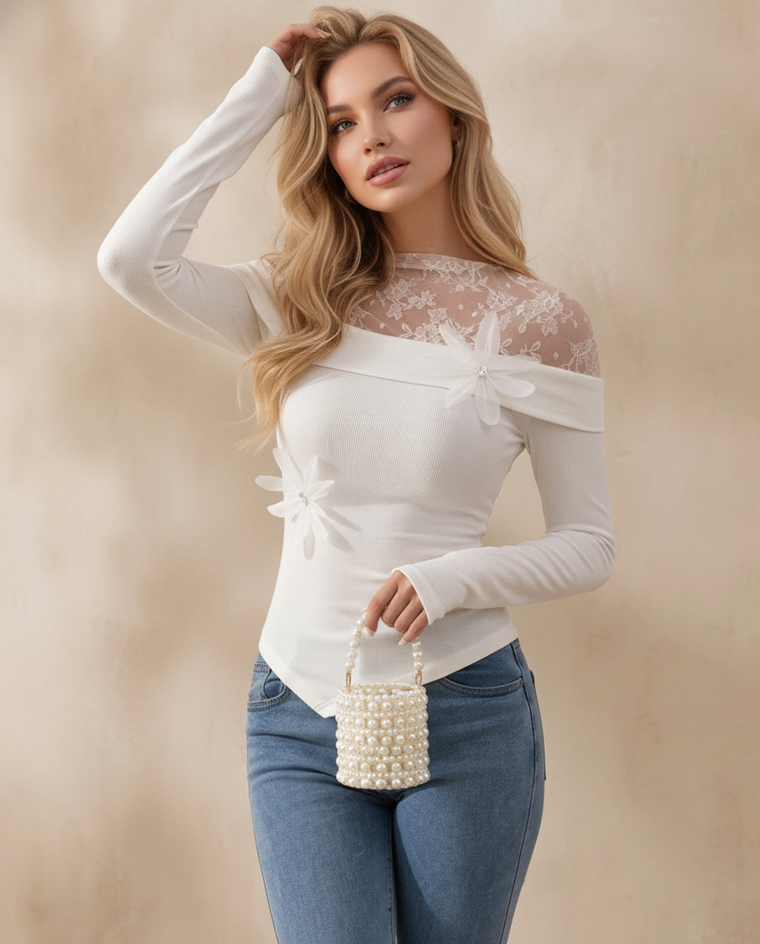 Lace Ribbed Long Sleeve Tee With 3D Floral Decorations