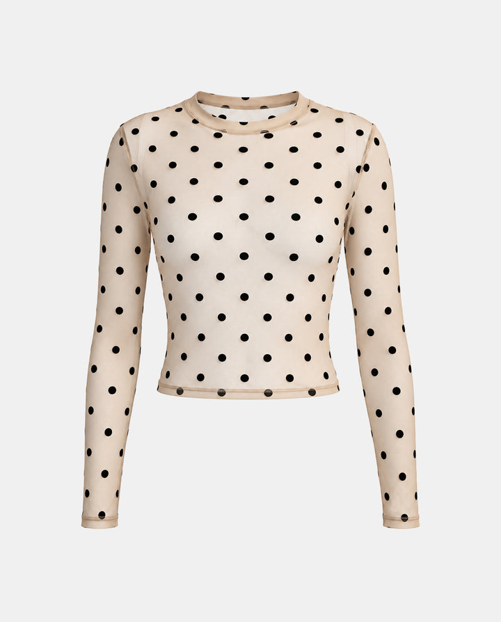 SOLACEPolka Dot Mesh Long Sleeve Crop Top