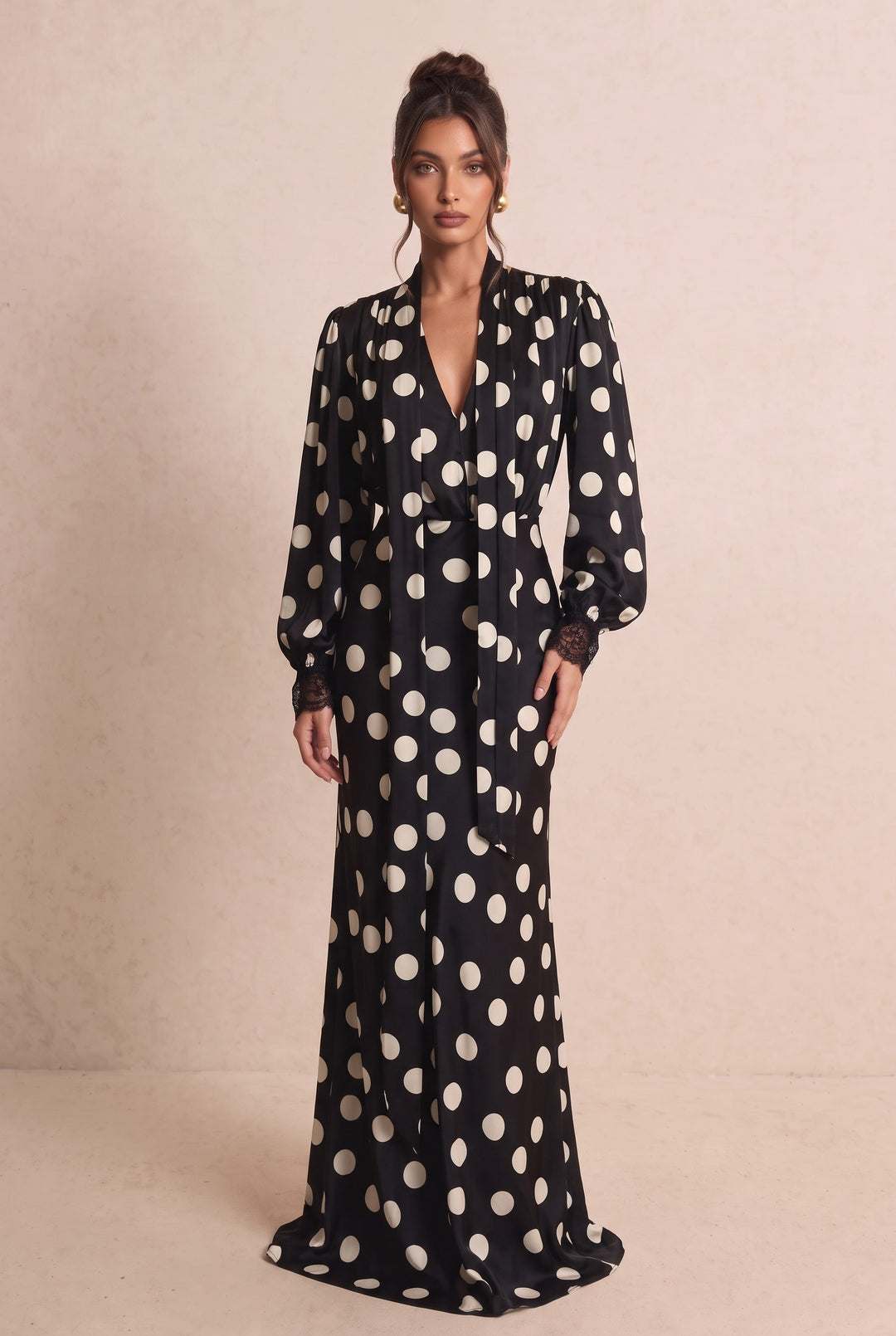Polka Dot Lace Trim Puff Sleeve Maxi Dress