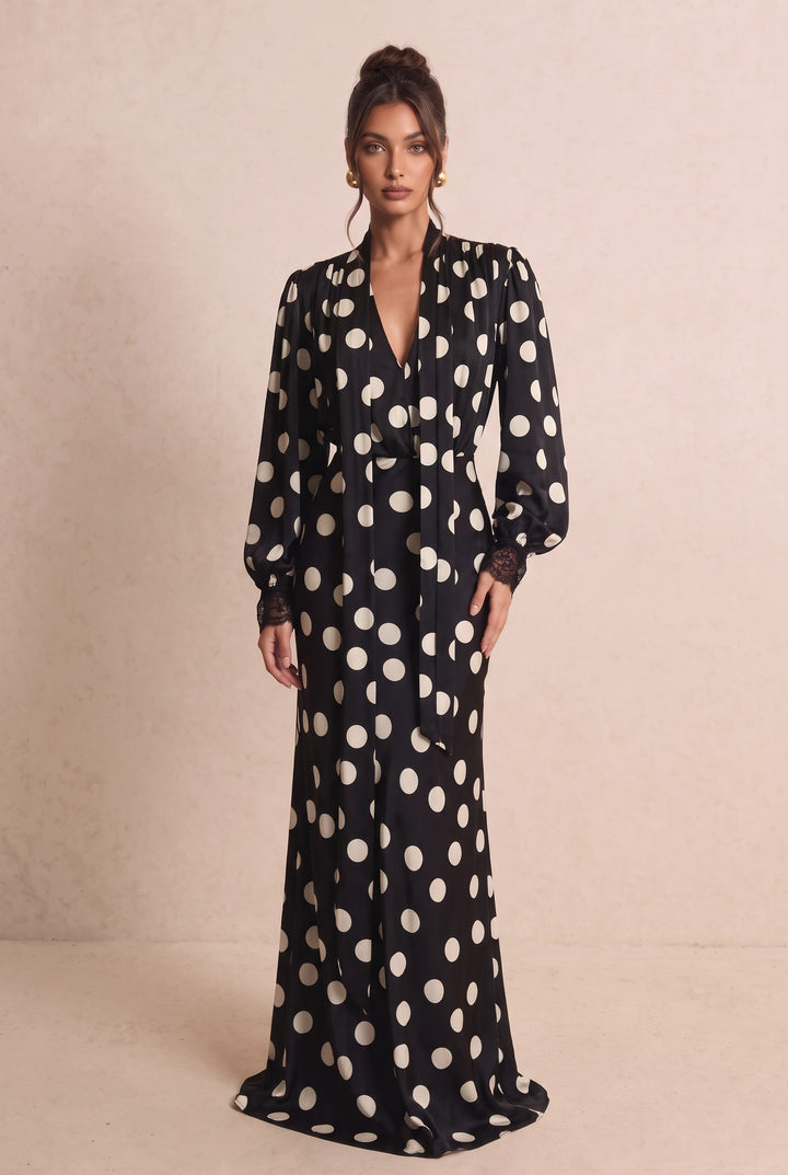 Polka Dot Lace Trim Puff Sleeve Maxi Dress