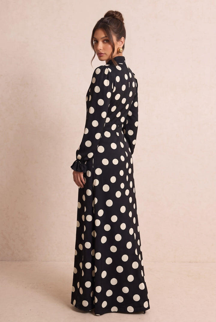Polka Dot Lace Trim Puff Sleeve Maxi Dress