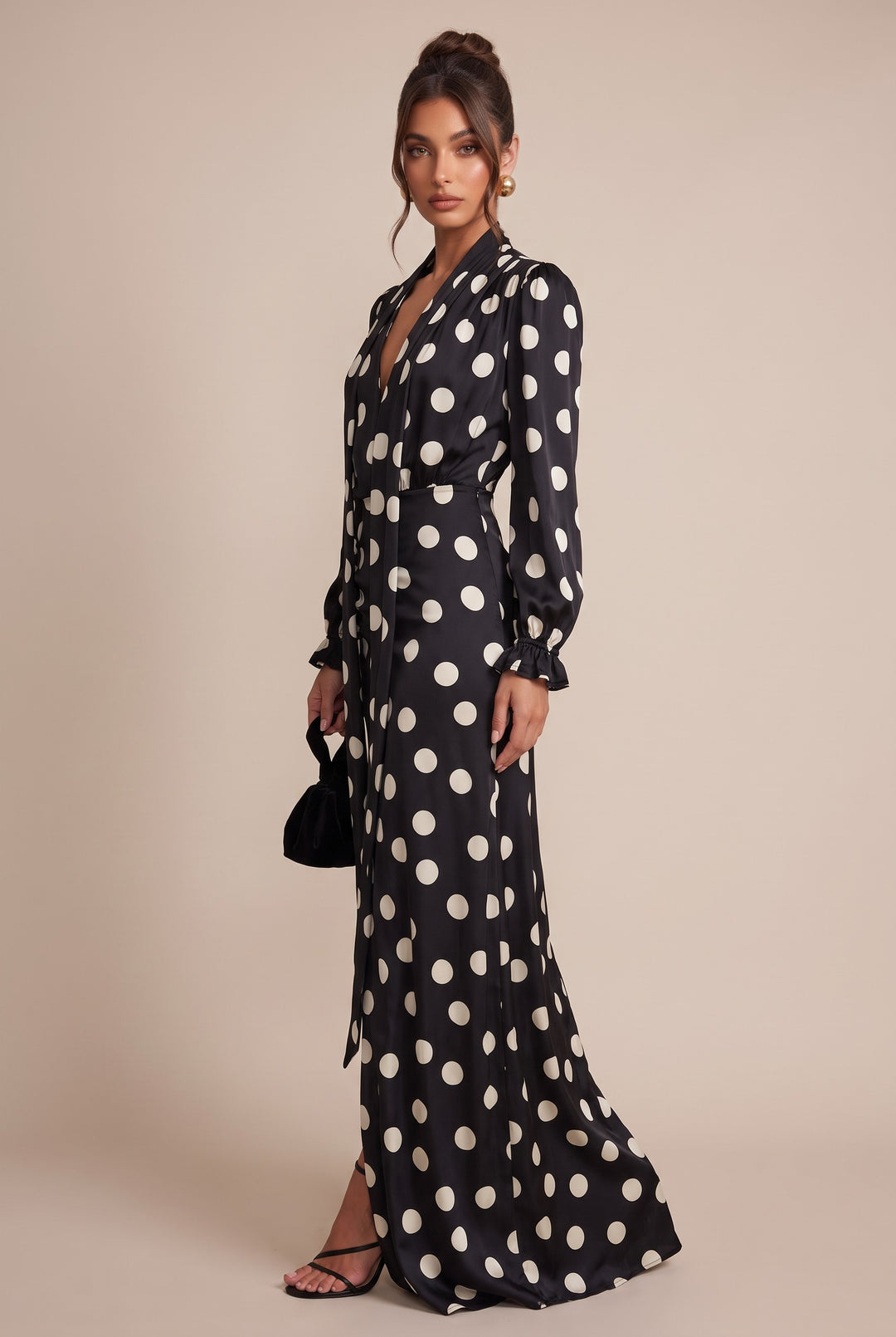 Polka Dot Lace Trim Puff Sleeve Maxi Dress