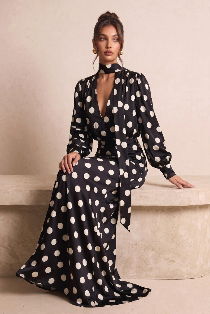 Polka Dot Lace Trim Puff Sleeve Maxi Dress