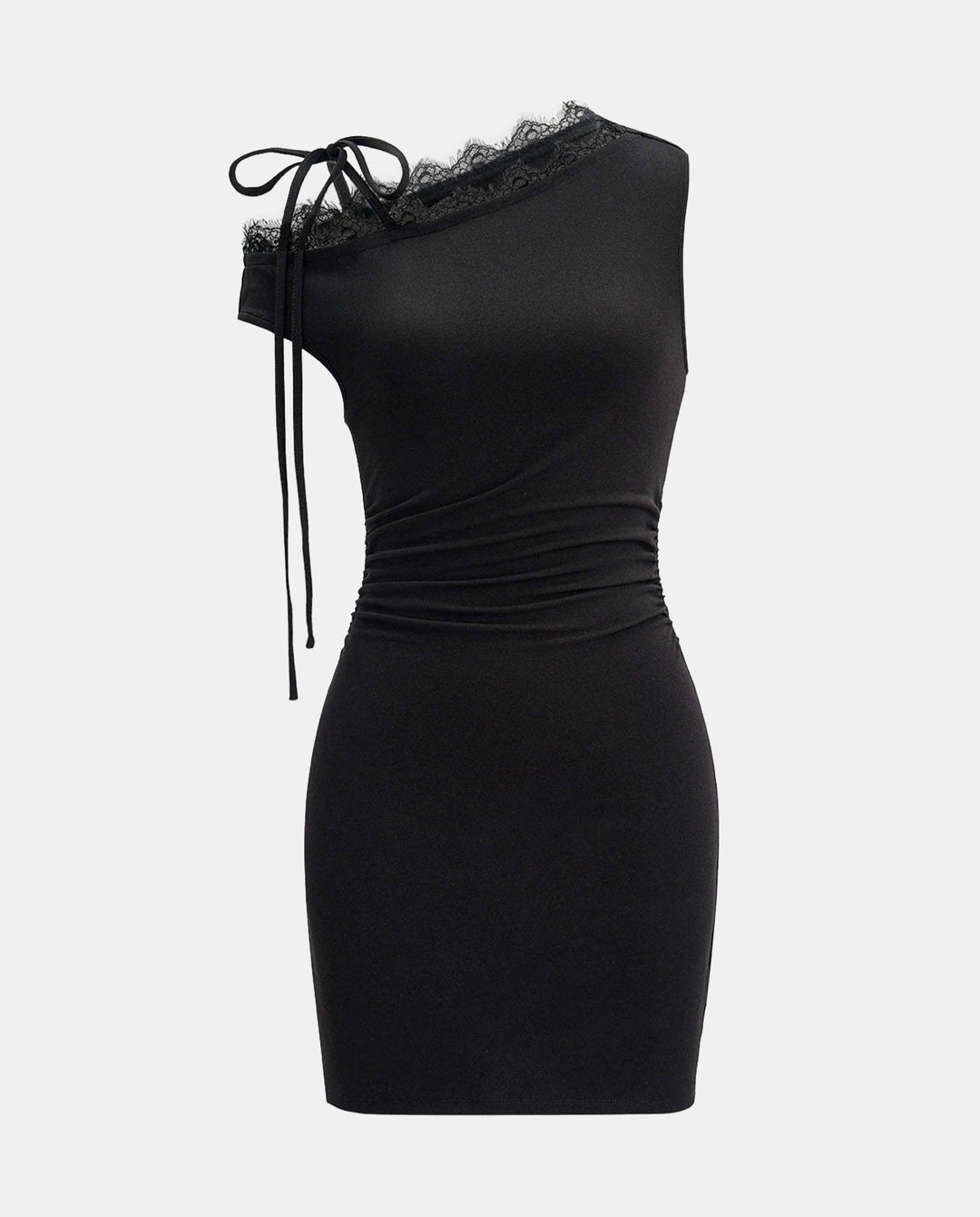 Asymmetrical Shoulder Lace Trim Tie Bodycon Mini Dress