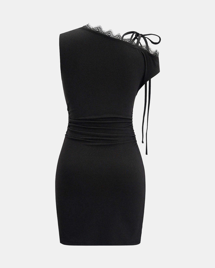 Asymmetrical Shoulder Lace Trim Tie Bodycon Mini Dress