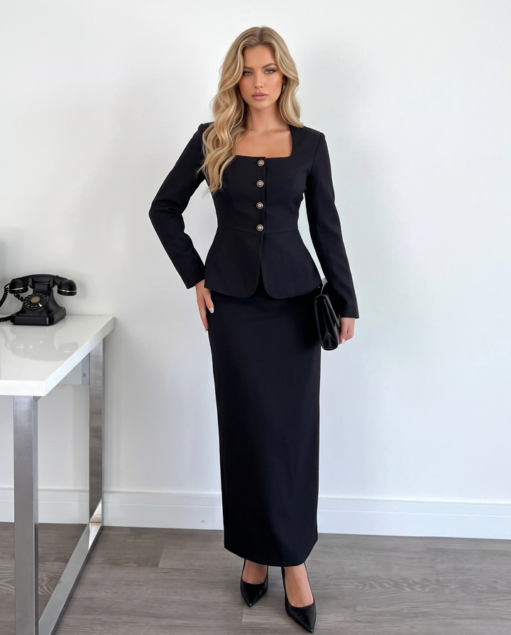 Square Neck Peplum Blazer &amp; Midi Pencil Skirt Two Piece Set