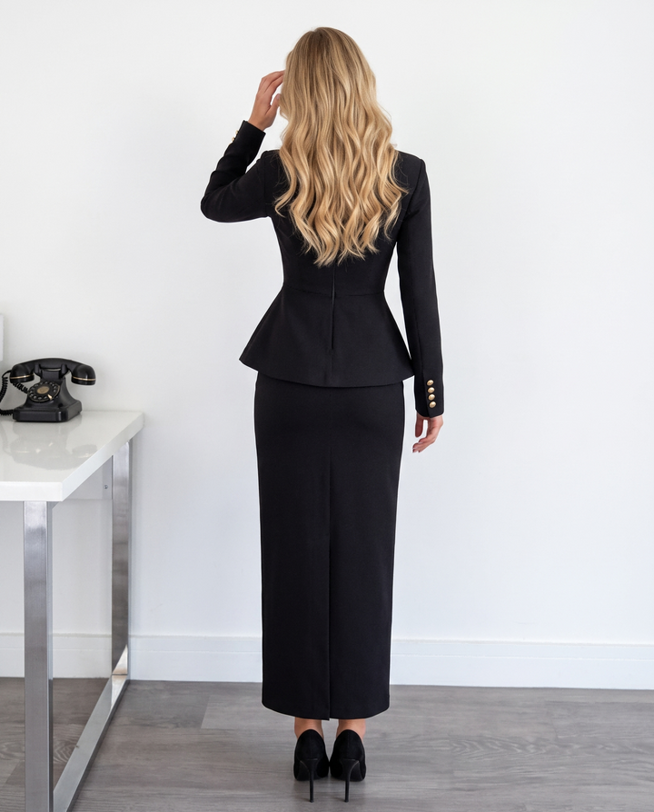 Square Neck Peplum Blazer &amp; Midi Pencil Skirt Two Piece Set