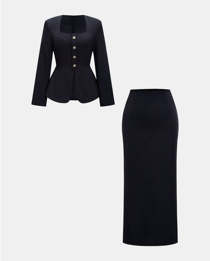 SOLACESquare Neck Peplum Blazer &amp; Midi Pencil Skirt Two Piece Set