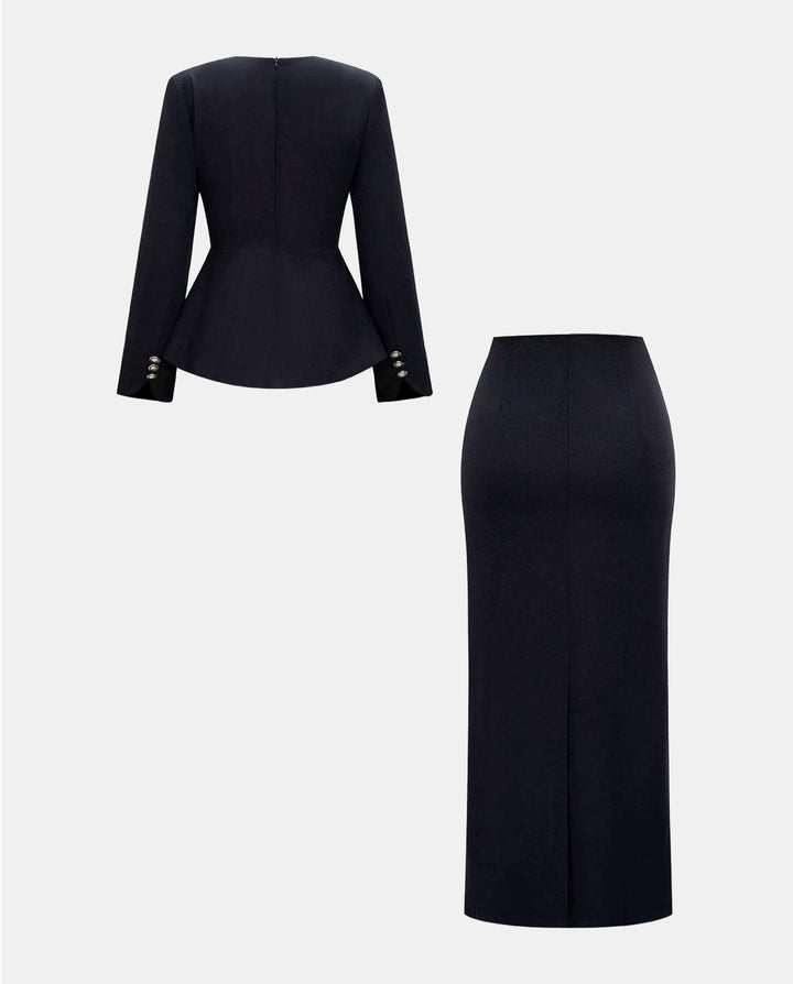 SOLACESquare Neck Peplum Blazer &amp; Midi Pencil Skirt Two Piece Set
