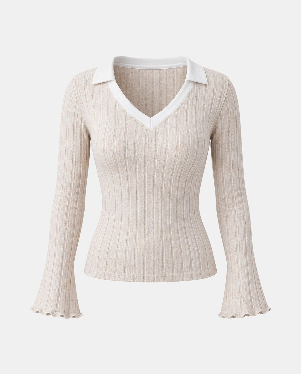 SOLACEColor Block V Nec Flared Cuff Vertical Rib T-shirt