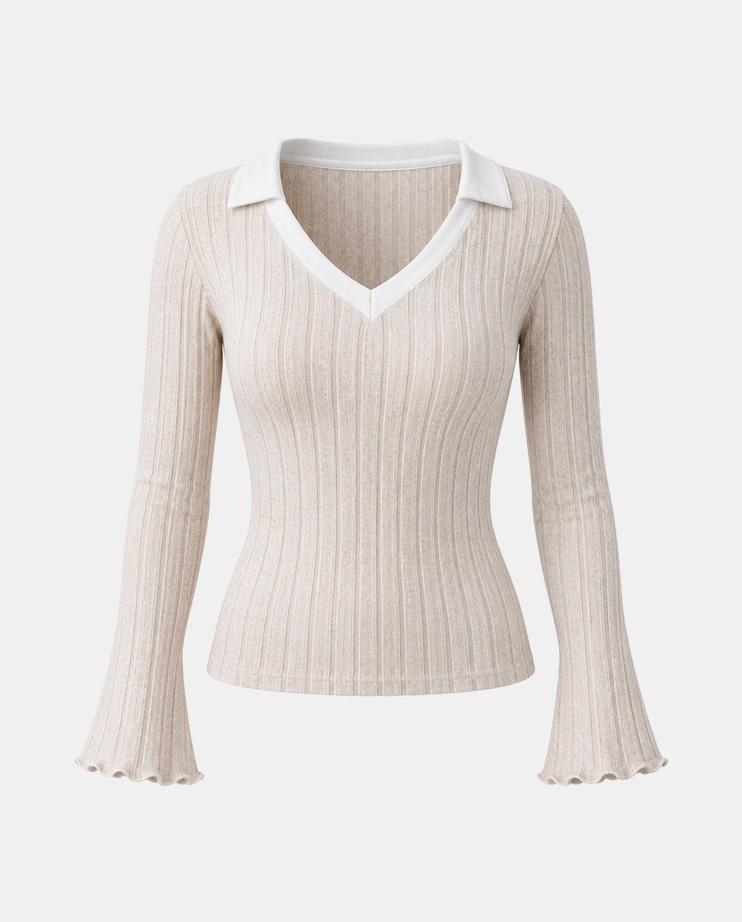 SOLACEColor Block V Nec Flared Cuff Vertical Rib T-shirt