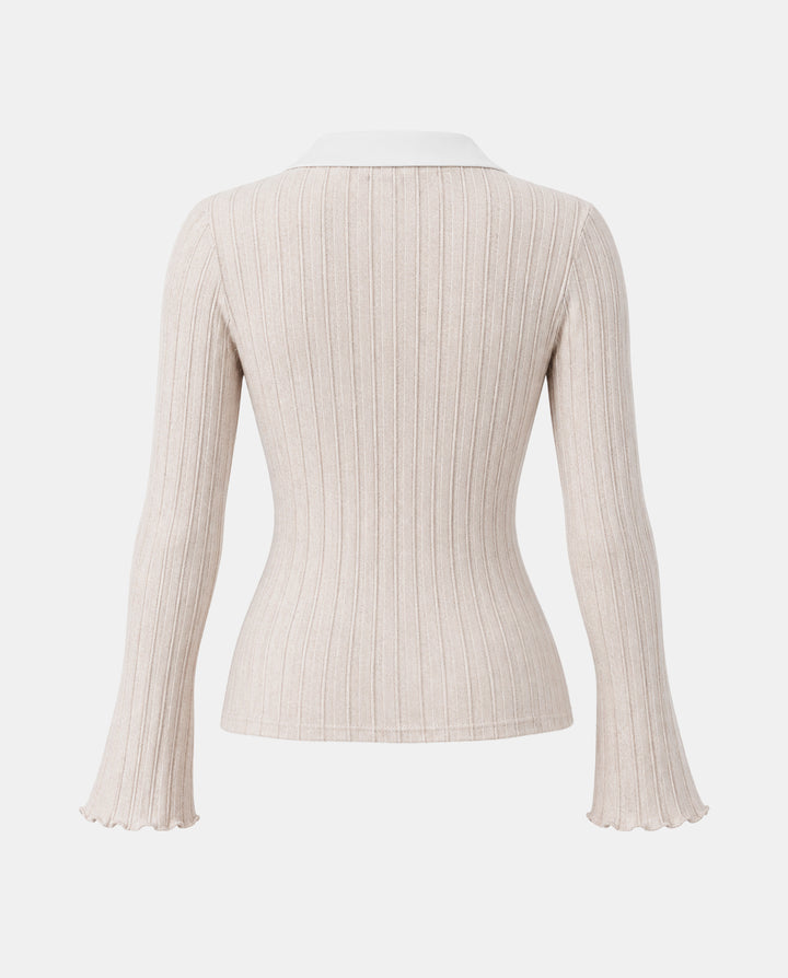 SOLACEColor Block V Nec Flared Cuff Vertical Rib T-shirt