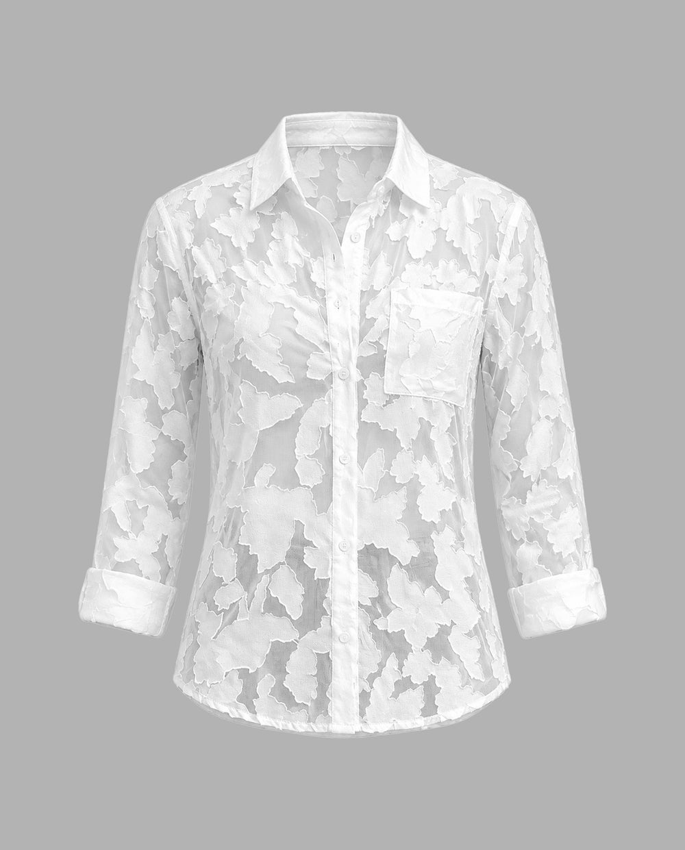 SOLACECasual Button-Up Sheer Pattern Collared Blouse