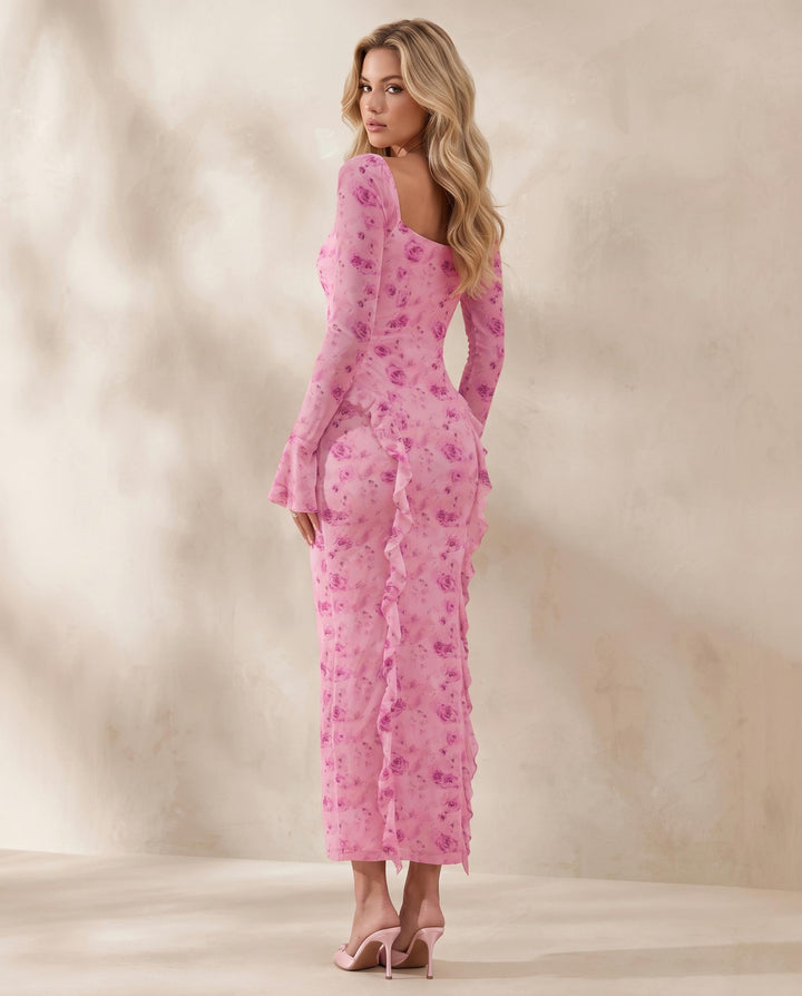 Elegant 3D Floral Decor Bodycon Maxi Dress