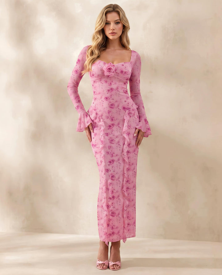 Elegant 3D Floral Decor Bodycon Maxi Dress