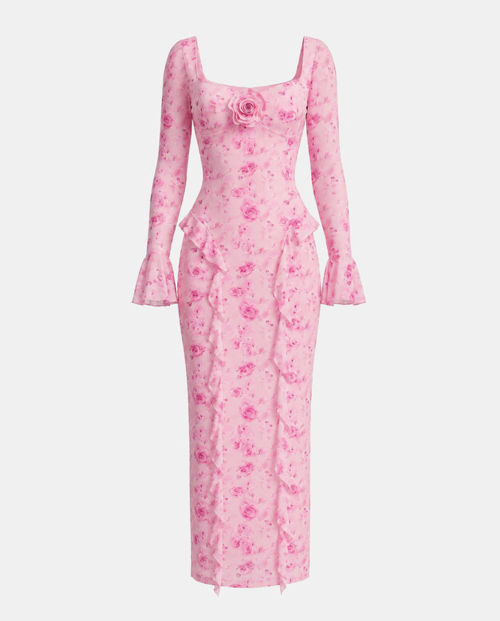Elegant 3D Floral Decor Bodycon Maxi Dress