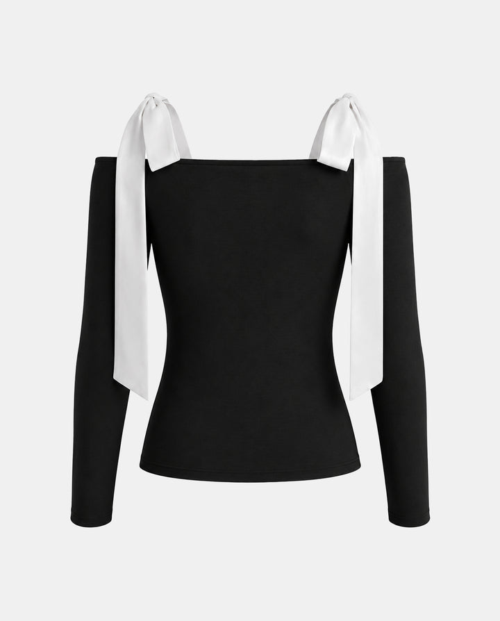 SOLACEColor Block Off Shoulder White Bow Strap T-shirt