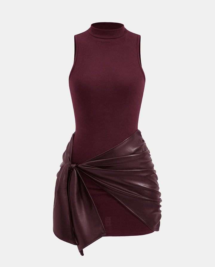 High Neck Leather Knotted Sleeveless Mini Dress