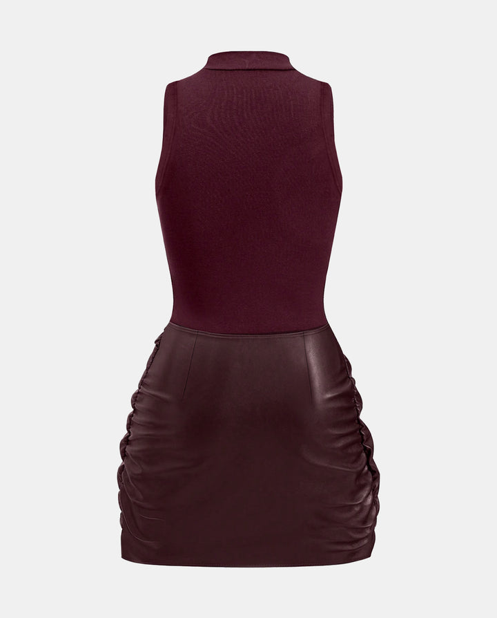 High Neck Leather Knotted Sleeveless Mini Dress
