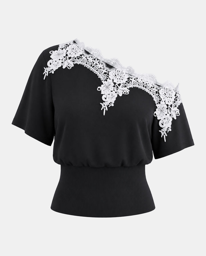 SOLACEFloral Lace Elastic Waist Off Shoulder Top