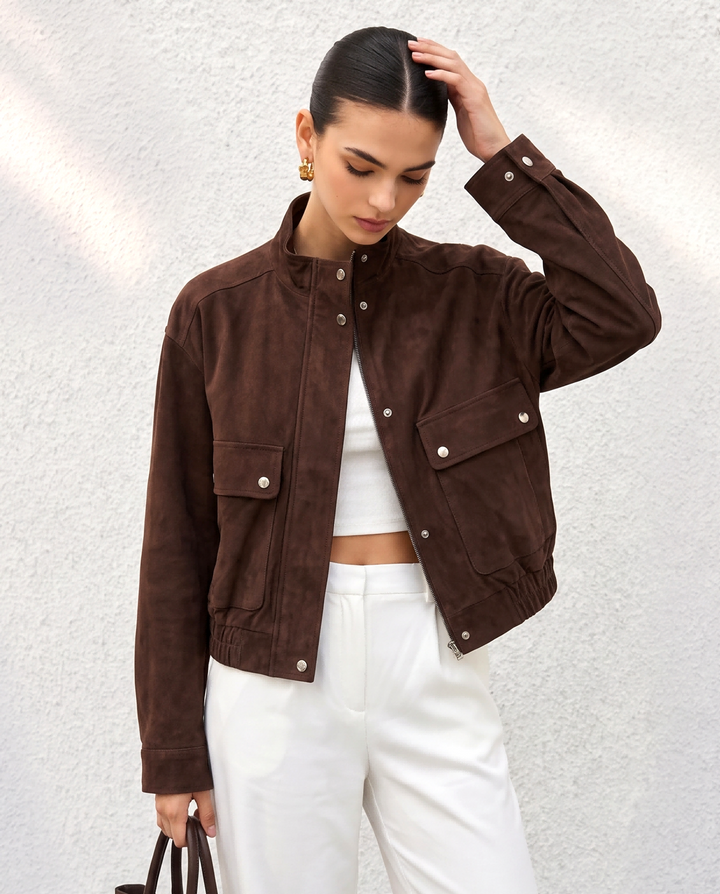 Stand Collar Suede Look Zip Up Bomber Jacket