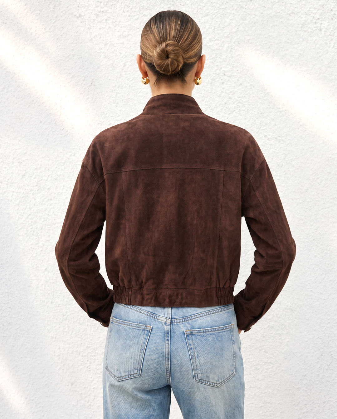 Stand Collar Suede Look Zip Up Bomber Jacket