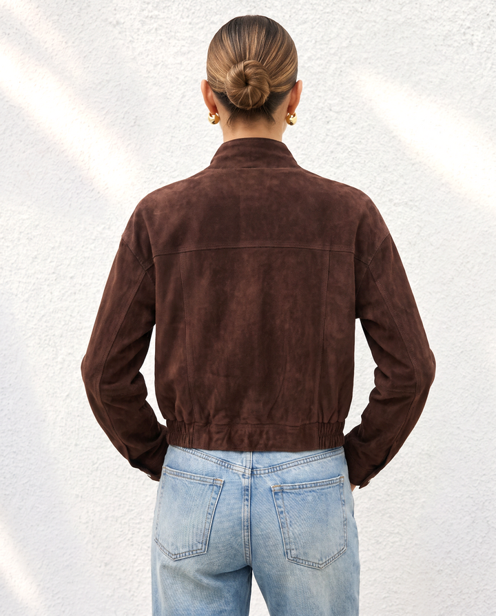 Stand Collar Suede Look Zip Up Bomber Jacket