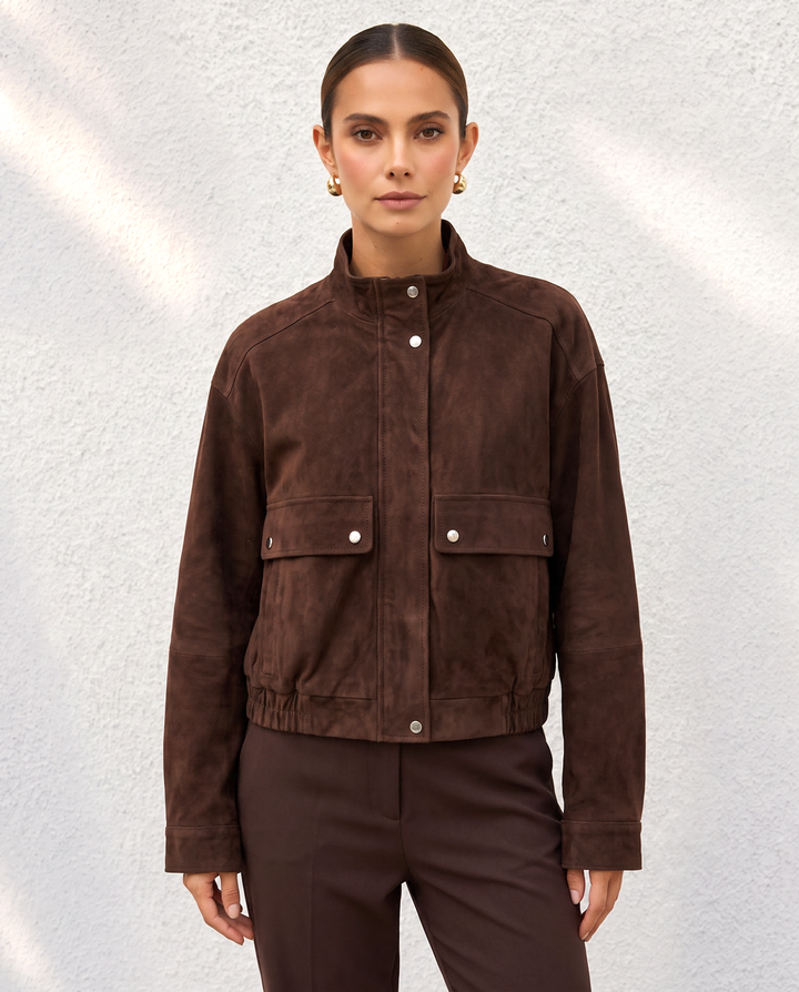 Stand Collar Suede Look Zip Up Bomber Jacket