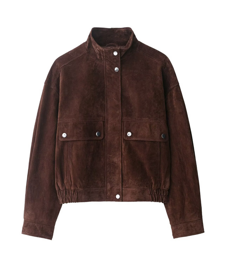 Stand Collar Suede Look Zip Up Bomber Jacket