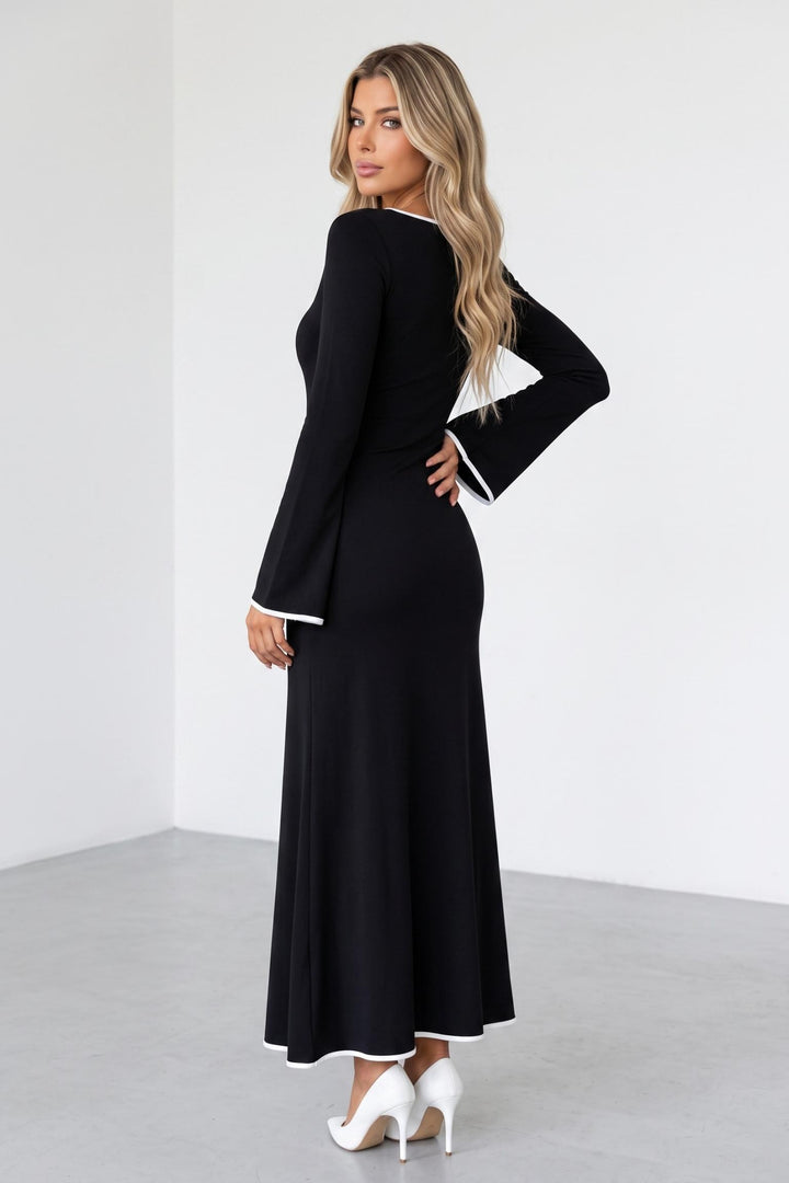 Square Collar Contrast Color Bell Sleeve Dress