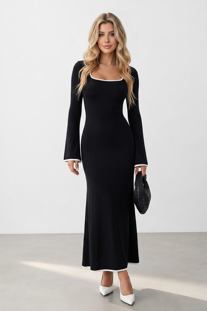 Square Collar Contrast Color Bell Sleeve Dress