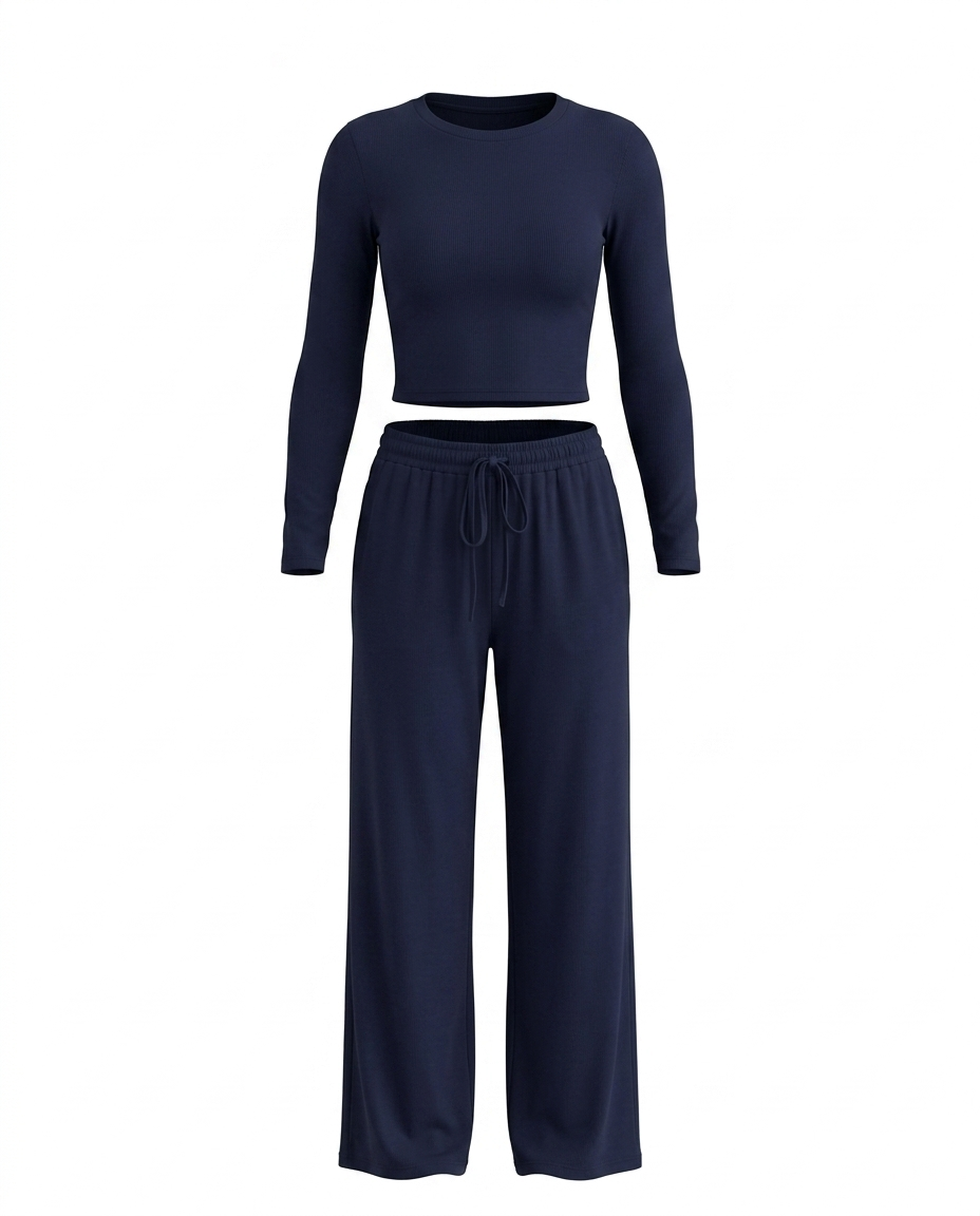 Casual Round Neck Crop Top Wide Leg Matching Set