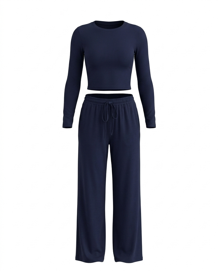 Casual Round Neck Crop Top Wide Leg Matching Set