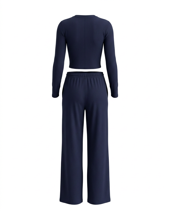 Casual Round Neck Crop Top Wide Leg Matching Set