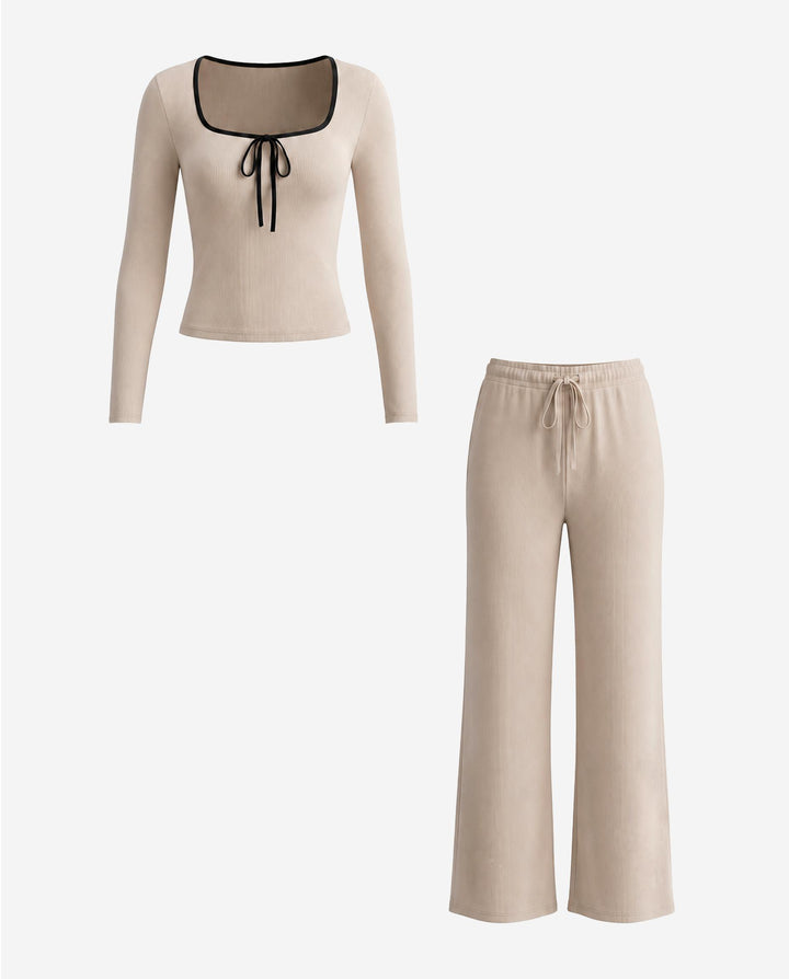 Long Sleeve Contrast Trim Ribbed Matching Set