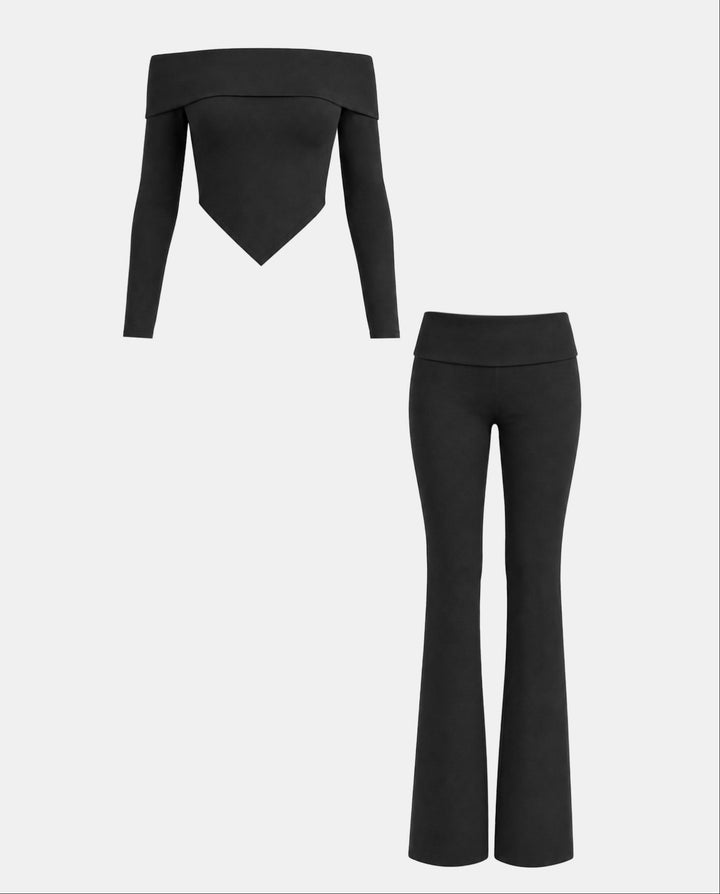 Off‑Shoulder Asymmetrical Top And Flare Pants Matching Set
