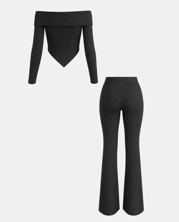 Off‑Shoulder Asymmetrical Top And Flare Pants Matching Set