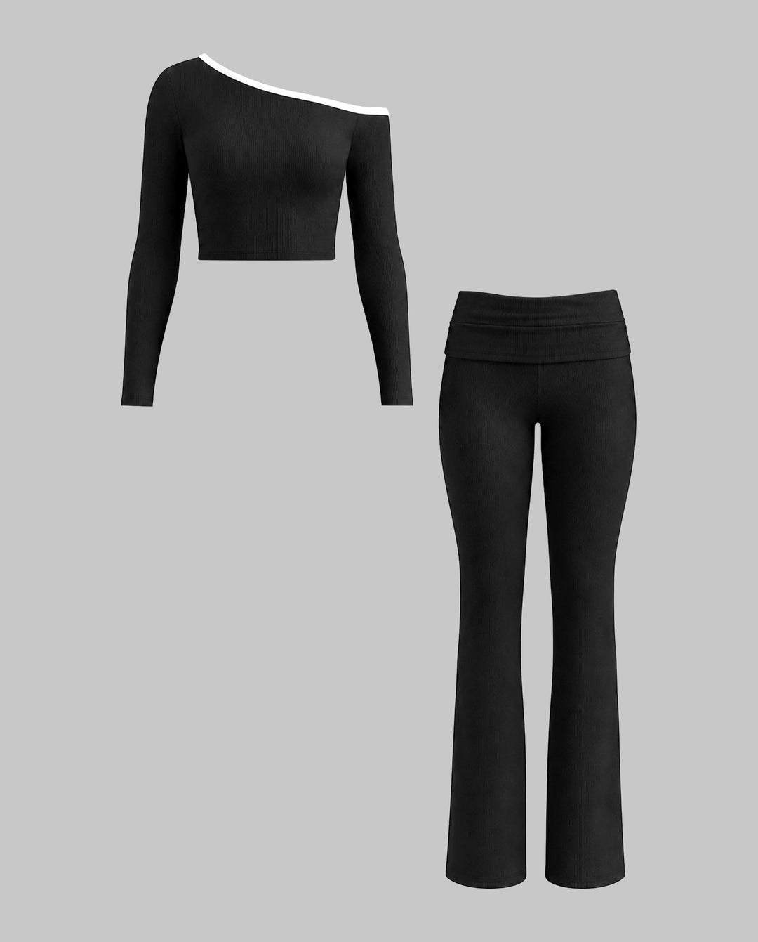 Contrast Trim One‑Shoulder Crop Top Flare Pants Matching Set