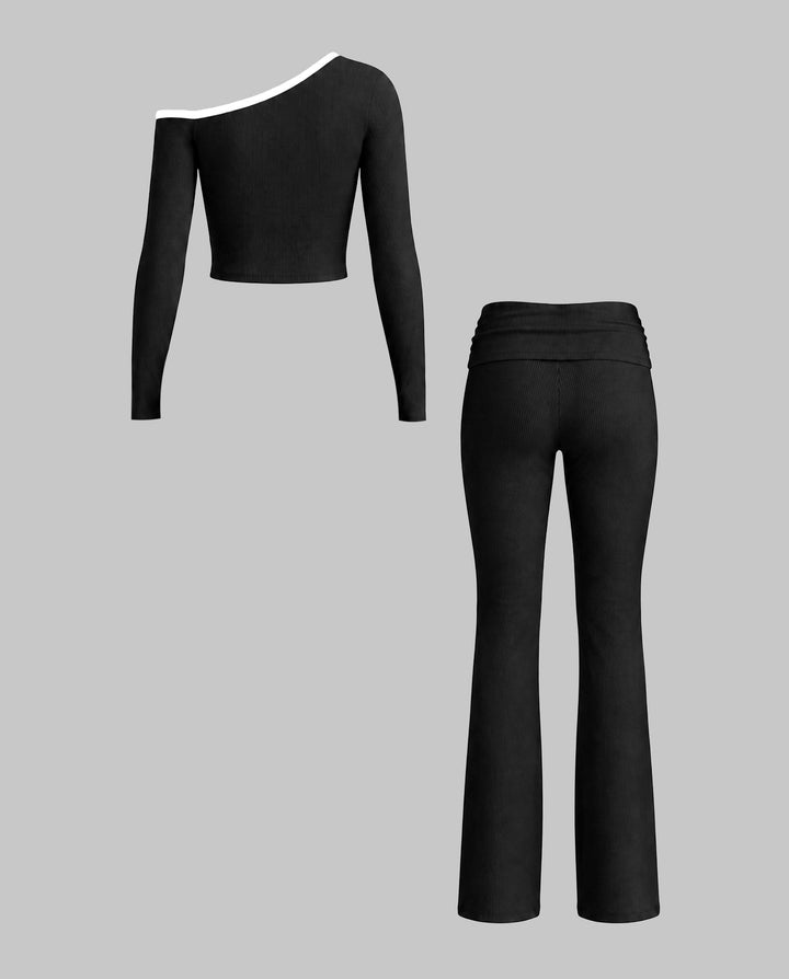 Contrast Trim One‑Shoulder Crop Top Flare Pants Matching Set