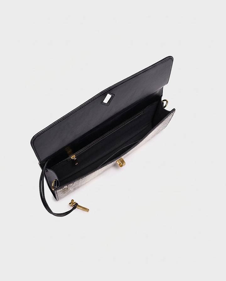 Beige Grey Snake Print Faux Leather Twist Lock Slim Rectangular Crossbody Bar Clutch Bag