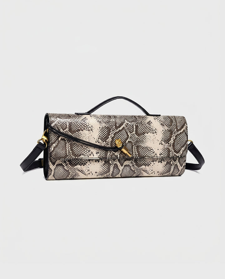 Beige Grey Snake Print Faux Leather Twist Lock Slim Rectangular Crossbody Bar Clutch Bag