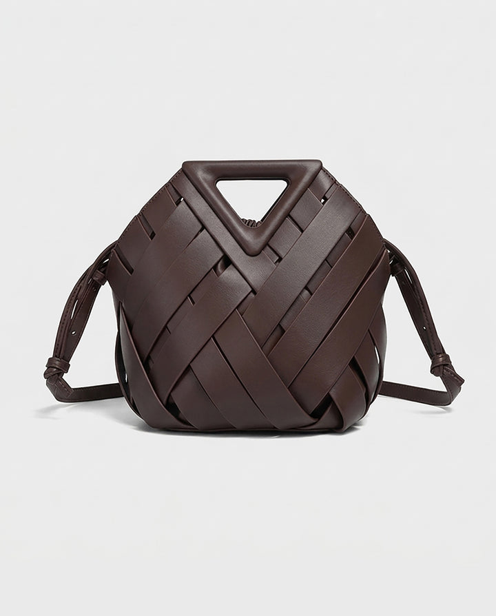 Dark Brown Wide Woven Faux Leather Triangle Cutout Handle Bucket Crossbody Bag