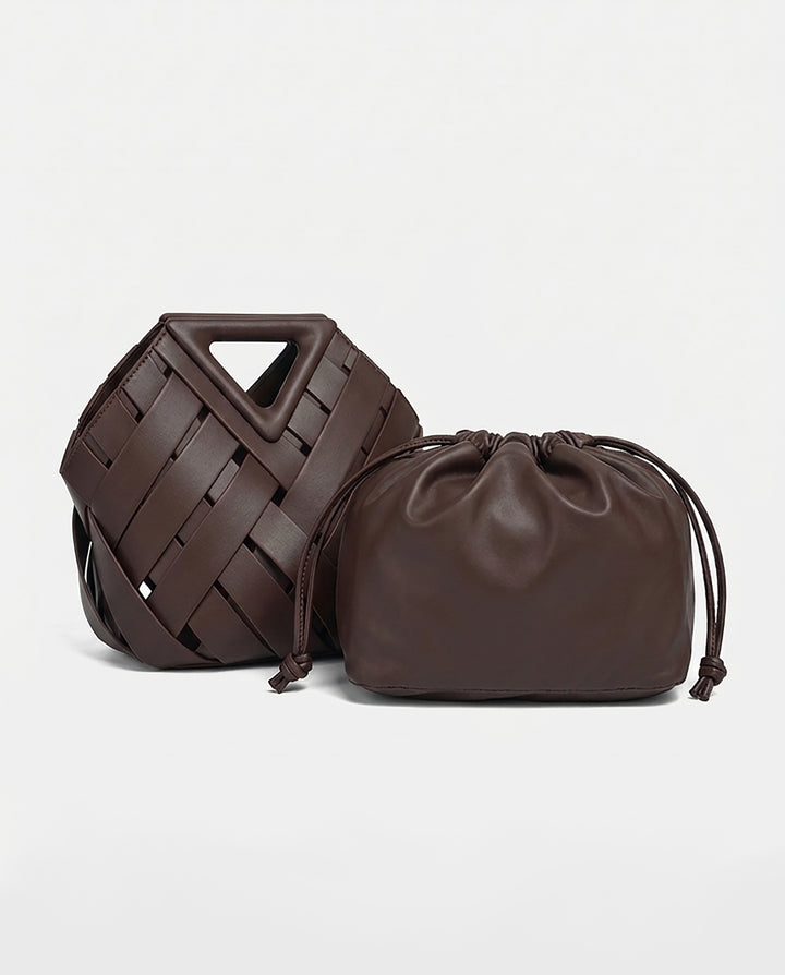 Dark Brown Wide Woven Faux Leather Triangle Cutout Handle Bucket Crossbody Bag